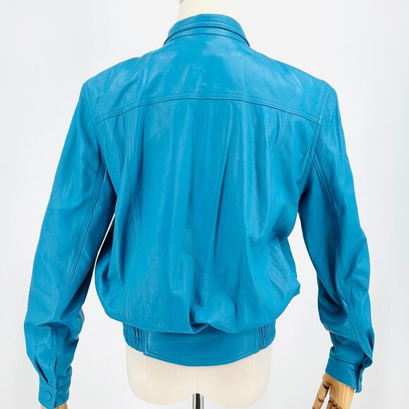 Vintage Lillie Rubin Exclusive Genuine Leather Turquoise Blue Bomber Jacket - Picture 4 of 9
